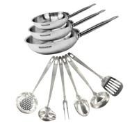 Set de 3 poêles de 20, 24 et 28 cm en inox et 6 ustensiles inox Fackelmann Eterna