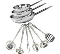 Set de 3 poêles de 20, 24 et 28 cm en inox et 6 ustensiles inox Fackelmann Eterna
