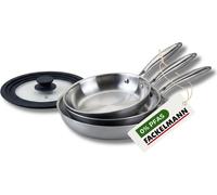 Set de 3 poêles de cuisson 20/24/28 cm en acier inoxydable avec 1 couvercle de cuisson universel Fackelmann Vita3