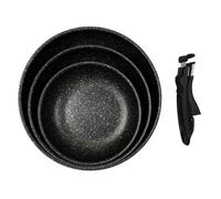Set de 3 poêles en aluminium revêtement effet pierre avec 1 poignée amovible - - ALTOBUY Noir
