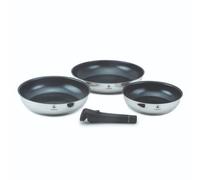 Set de 3 Poêles Inox 20/24/28 cm Réactif | Inox, céramique sans PTFE/PFOA, poignée amovible 10 kg, fond capsulé, empilables, induction et four 230°C