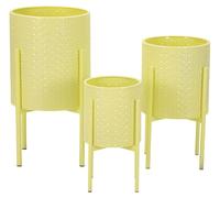 Set de 3 porte-plantes Iris en fer laqué jaune avec piédestal
