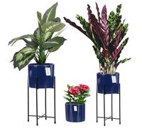 Set de 3 pots en céramique bleu cobalt H 44 13,5 12- Ø16,5 13,5 12,5 avec deux supports - parfait pour la présentation de plantes grimpantes ou sur pied