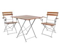 set de 3 tables de brasserie pliantes + 2 chaises pliantes+accoudoirs pliants acacia 70x70cm