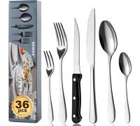 set de 36 couverts avec couteau à steak pour 6 couverts en acier inoxydable pour la maison & la cuisine Set de couverts couteau-cuillère-fourchette de haute qualité Résistant au lave-vaisselle