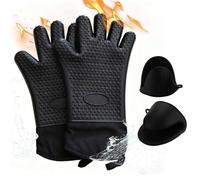 Set de 4 : 2 Gants en Silicone Noirs & 2 Mini maniques résistantes à la Chaleur - Gants en Silicone prolongés & Supports antidérapants pour Barbecue, pâtisserie, air Fryer, Cuisine