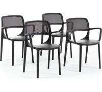 Set de 4 chaises avec accoudoirs en résine de verre renforcée, design classique, empilables pour jardin, bar, restaurant, cuisine - Erika - Noir