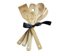 Set de 4 Cuillères en bois bambou Personnalisées - Gravées - Motif Fleurs (Coquelicot, Rose, Pivoine) - Cadeau Maman/Mamie/Prénom personnalisé (Maman Rose)