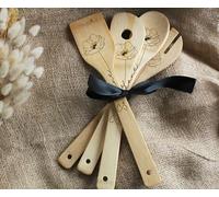 Set de 4 Cuillères en bois bambou Personnalisées - Gravées - Motif Fleurs (Coquelicot, Rose, Pivoine) - Cadeau Maman/Mamie/Prénom personnalisé (Prénom personnalisé coquelicot)