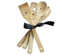 Set de 4 Cuillères en bois bambou Personnalisées - Gravées - Motif Fleurs (Coquelicot, Rose, Pivoine) - Cadeau Maman/Mamie/Prénom personnalisé (Maman Coquelicot)