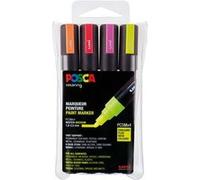POSCA - Mitsubishi Pencil - Pochette 4 Marqueurs PC5M - Pointe Moyenne - Peinture à Base d'Eau - Tout Support - Couleurs Fluo