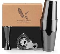 Set de 4 pièces pour bar | Shaker en acier inoxydable, minuteur de bar et doseur | Idéal pour le bar à domicile et comme cadeau (noir)