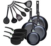 Set de 4 poêles 20 24 28 et 30 cm et 3 casseroles 16, 18 et 20 cm antiadhésives céramique et 6 ustensiles Fackelmann Brandao