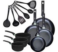 Set de 4 poêles 20 24 28 et 30 cm et 3 casseroles 16, 18 et 20 cm antiadhésives céramique et 6 ustensiles Fackelmann Brandao