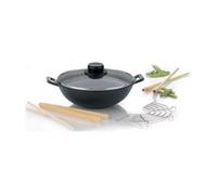 kela Wok en fonte avec couvercle en verre 24 cm, Mini set avec grille de cuisson, baguettes, pince en bois, petit, à induction, poêle wok 1,6L avec couvercle
