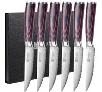 Set de 6 couteaux à steak en acier inoxydable allemand de qualité supérieure Lame dentelée ultratranchante et manche en bois ergonomique avec boîte cadeau