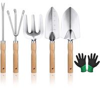 set de 6 outils de jardinage avec poignées ergonomiques - large bêche, pelle pointue, pique-carottes, râteau, fourche à trois doigts, gants