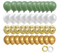 Set de 60 Ballons Vert Sauge, Doré et Blanc avec Confettis Dorés pour Anniversaire et Mariage, Décoration Éclatante