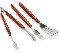 Set de barbecue 3 pièces en acier inoxydable - pince, spatule et fourchette - accessoires de barbecue avec manche en bois - 3 pièces, ustensiles de barbecue marron