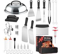 Set de barbecue d'extérieur - Teppanyaki - Barbecue à gaz - Accessoires - avec grattoir - brochettes - spatule - batteur à œufs - pour terrasses et patios - 36 x 30 x 9 cm - Argent/Noir