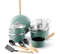 Set de batterie de cuisine antiadhésive en céramique, 13 pièces, bleu, compatible induction, poignées en bois, sans PFAS