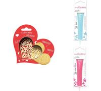 Set de biscuits en forme de cœur + 2 stylos en chocolat bleu pastel et fuchsia