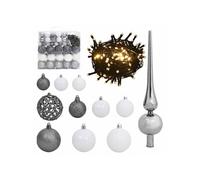 Set de Boules de Noël avec Pic et 300 LED 120 pcs Arbre Ornement de Noël Décoration de Vacances Décoration de Noël Jardin Blanc et Gris
