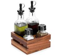Set de Bouteilles à Huile et Vinaigre avec Salière et Poivrière - Support en Bois - 5x5x19 cm - Transparent