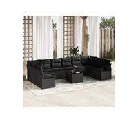 Set de canapé de jardin 11 pièces avec coussins Beige Poly Rattan, Canapé de jardin 2 places avec coussins Noir Poly Rattan 3346573