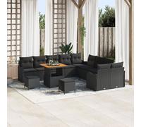 Set de Canapé de Jardin 13 pièces avec Coussins Noir Rattan Poly Acacia, Canapé de Jardin 2 Places avec Coussins Noir Rattan Poly, Ensemble de Restauration de Jardin 3 pièces avec Coussins Noir Rattan
