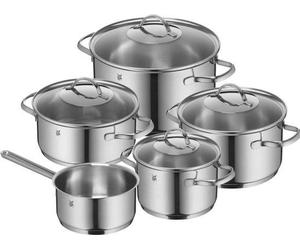 Set de casseroles à induction 5 pièces en Cromargan 18/10 inox, comprenant 3 casseroles hautes et 1 casserole basse, de 16 cm et 20 cm de diamètre, pour plaque de cuisson vitrocéramique.