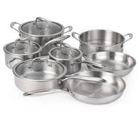 Set de casseroles et poêles - Set de batterie de cuisine 11 pièces - Acier inoxydable Tri-Ply 304 - Compatible avec l'induction - Avec panier vapeur et couvercles en verre - Argent