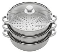 Set de casseroles pour cuisson à la vapeur - Casserole à vapeur en acier inoxydable à 3 couches de 28 cm - Double cuve - Couvercle en verre avec soupape de vapeur - Ronde - Gris clair