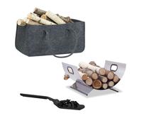 set de cheminée 3 pièces sac à bois panier à bois pelle à cendres acier inoxydable pliable argent/noir/gris