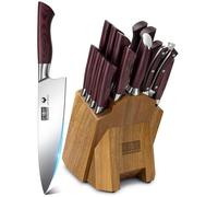 Set de couteaux de cuisine - Acajou - 18 pièces - Acier inoxydable au carbone - Avec affûteur et ciseaux