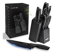 Set de couteaux de cuisine - Acier inoxydable - 13 pièces - Noir avec bloc à couteaux et affûteur intégré