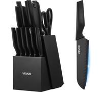 Set de couteaux de cuisine VEVOR avec bloc à couteaux (bois) & fusil à aiguiser, set de 15 couteaux tranchants en acier inoxydable à haute teneur en carbone, couverts de cuisine avec manche ergonomiqu