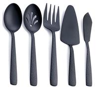 Set de couverts de service en acier inoxydable noir mat, comprenant une cuillère de service, une écumoire, une fourchette de service, une pelle à gâteau et un couteau à beurre, 5 pièces