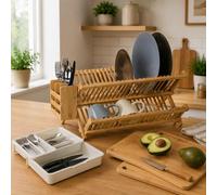 Set de cuisine en bambou (3 pièces) – Range-couverts, lot de planches à découper et égouttoir pliable