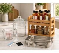 Set de cuisine en bambou (4 pièces) – Étagère à épices à deux niveaux, plaque de four, pichet en verre de 250 ml et bocal hermétique