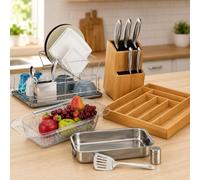 Set de cuisine en inox (5 pièces) – Passoire d'évier, bloc à couteaux, égouttoir à vaisselle et bac à couverts