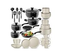 Set de cuisine pour 6 personnes avec vaisselle et casseroles en grès émaillé noir/taupe
