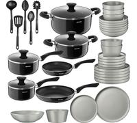 Set de cuisine pour 6 personnes avec vaisselle et casseroles - gris/noir, 39 pièces