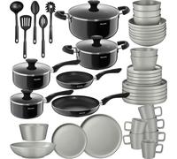 Set de cuisine pour 6 personnes avec vaisselle et casseroles - gris/noir, 45 pièces