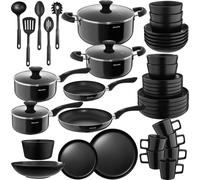 Set de cuisine pour 6 personnes avec vaisselle et casseroles - noir, 45 pièces