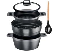 Set de cuisson à la vapeur, 24 cm, comprenant : casserole, couvercle, insert à vapeur, revêtement antiadhésif, compatible induction, four et gaz