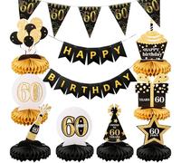Set De Decoration Anniversaire 60 Ans, 16 Pièces Centre De Table Anniversaire avec Happy Birthday Decoration et Guirlande Fanion, Deco Table Anniversaire pour Hommes et Femmes