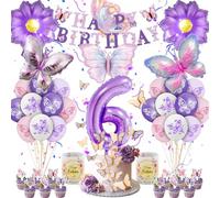 Set de Décoration d'Anniversaire Papillon, Set de Fête pour Fille de 6 Ans avec Ballons