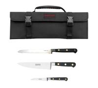 Set de départ 3 couteaux Francis BATT forgés virole ronde rivets laiton avec trousse de rangement + Couteau d'office stylet "bec d'oiseau" Forgé Pro 9 cm manche noir rivets laiton + Couteau de cuisine