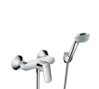 Set de douche Mitigeur Logis + Douchette à main 1 jet + Flexible + Support mural, Chrome (71600000-PORTER)